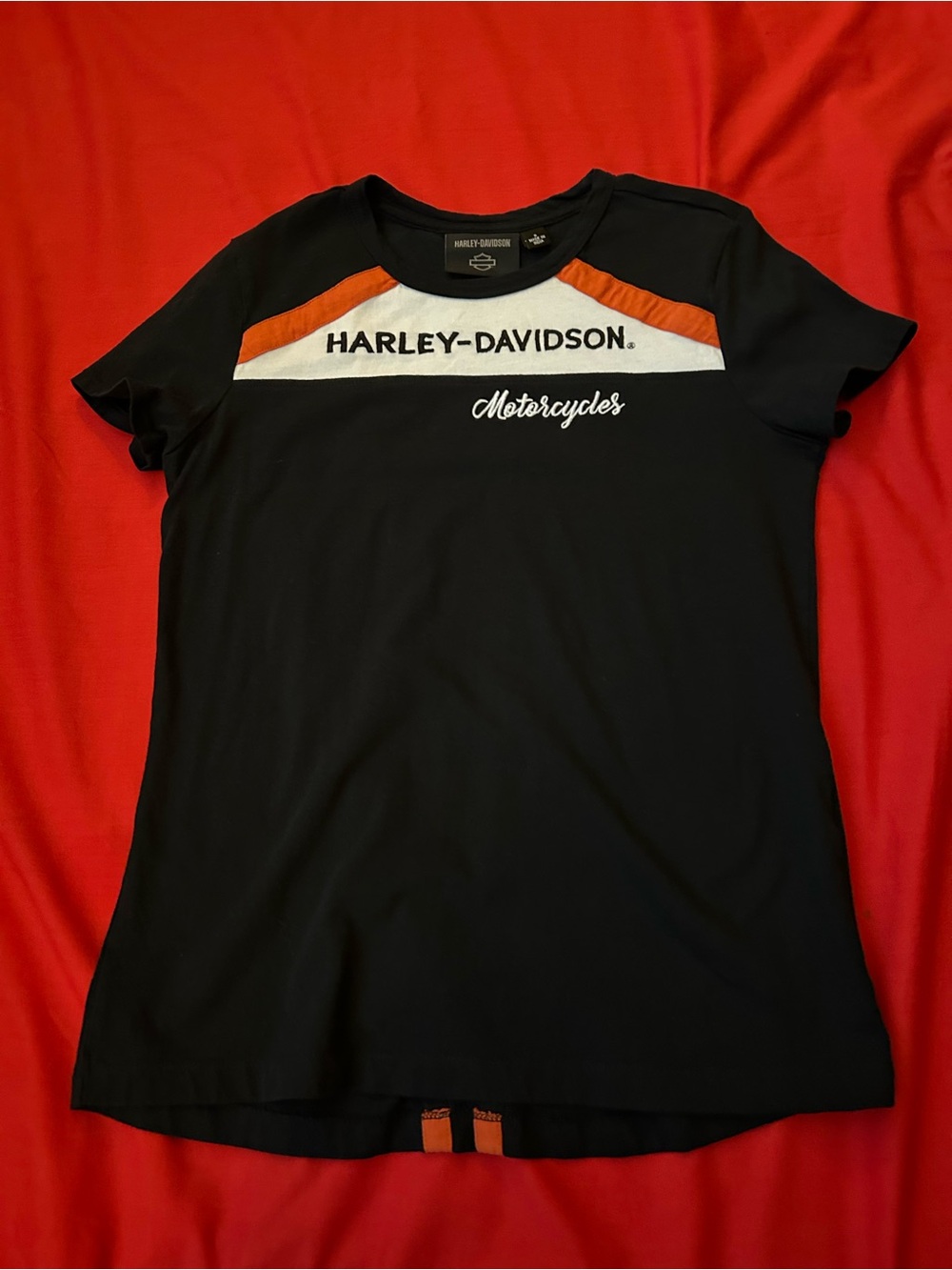 Harley-Davidson Black Tee with Orange & White Chest Panel